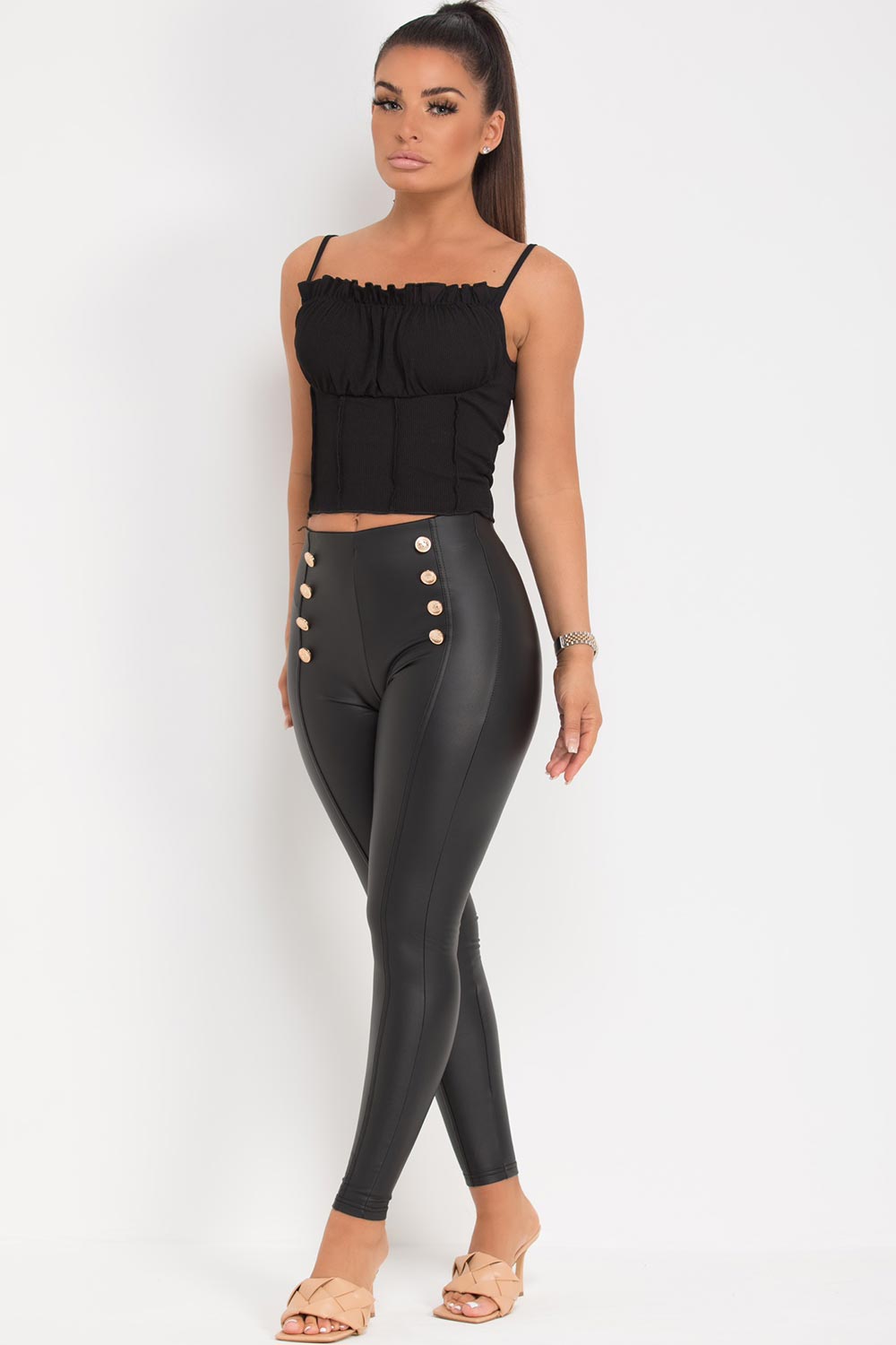 Legging en cuir Boutons Doré