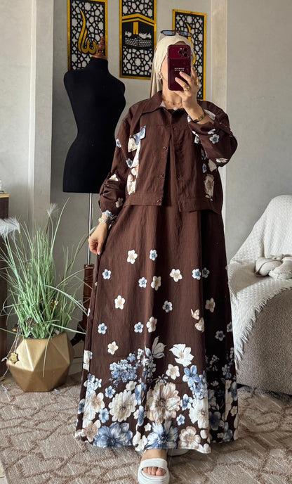فستان ماكسي مزهر مع جاكيت خفيف
