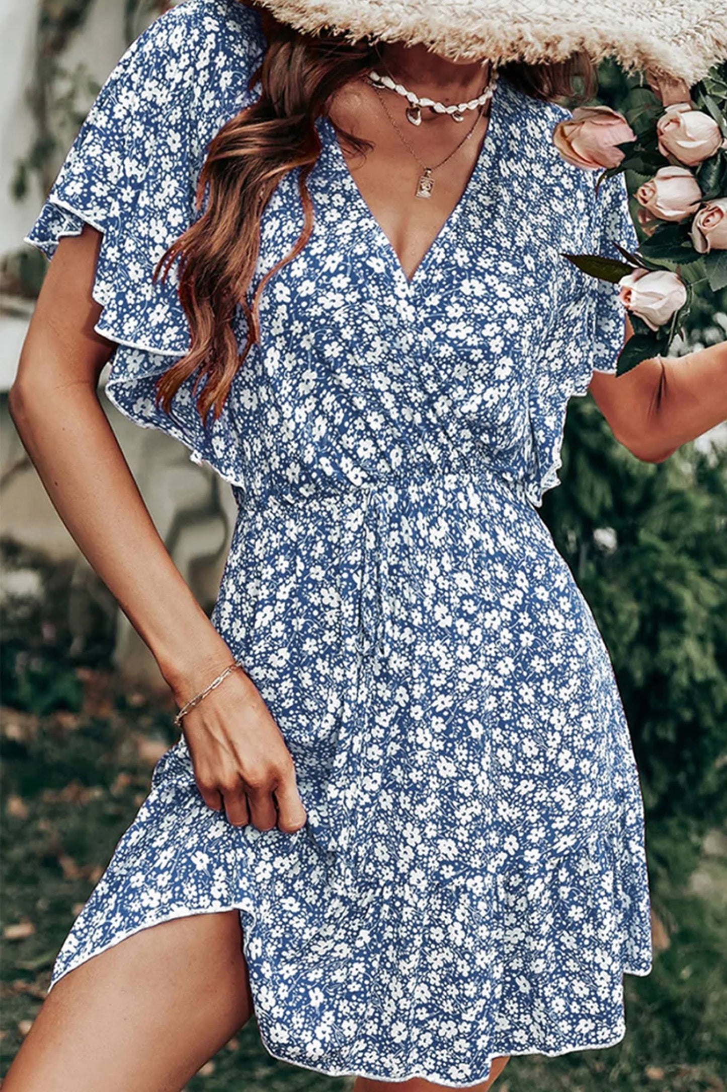 Robe à imprimé floral manches papillon à volants