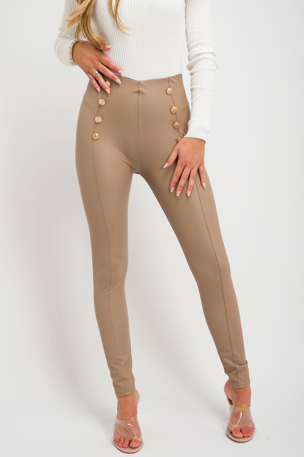 Legging en Cuir Avec Boutons-Moka