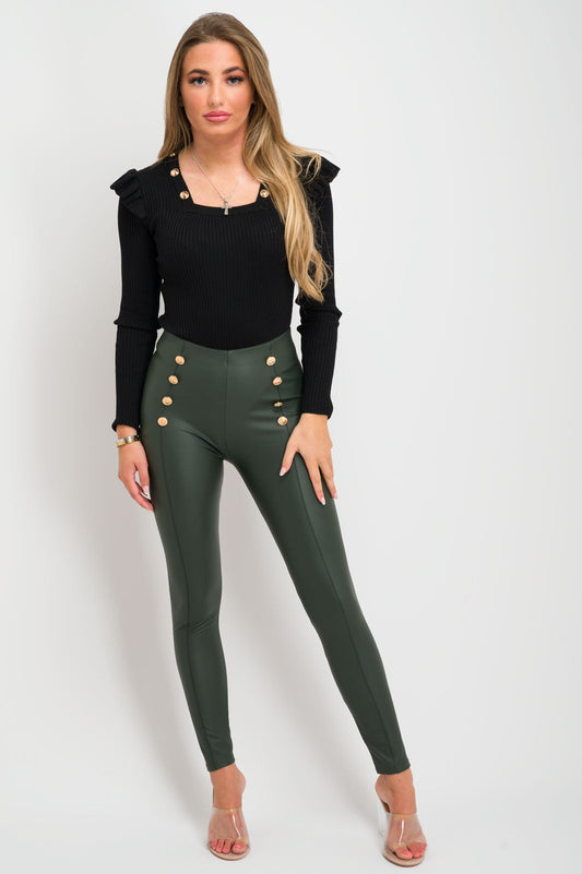 Legging en Cuir avec Boutons-kaki