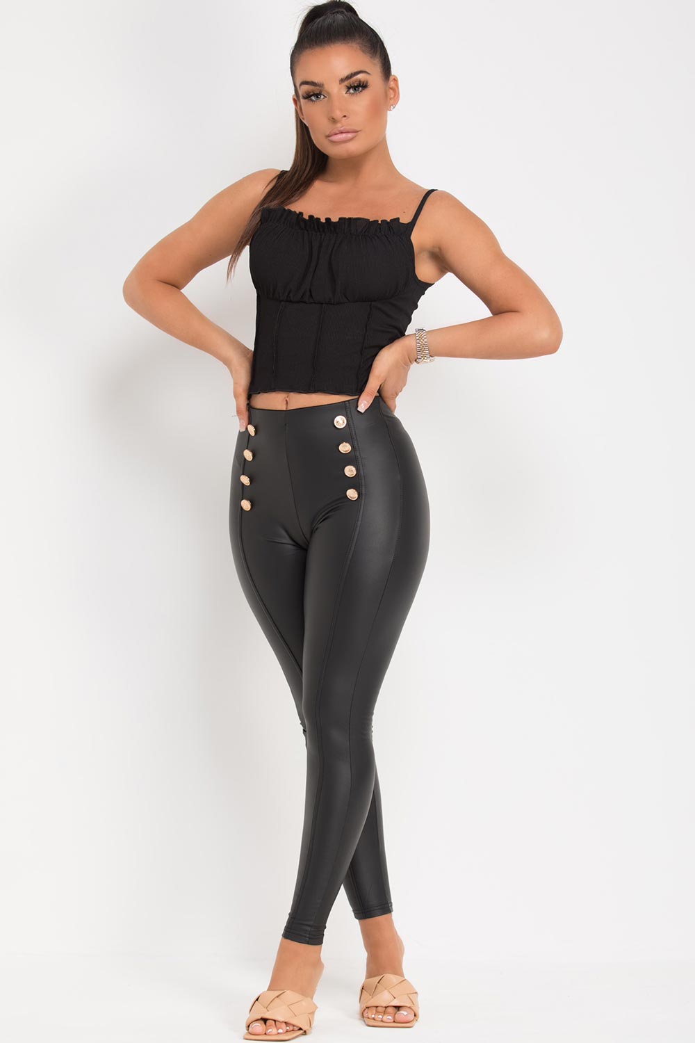 Legging en cuir Boutons Doré